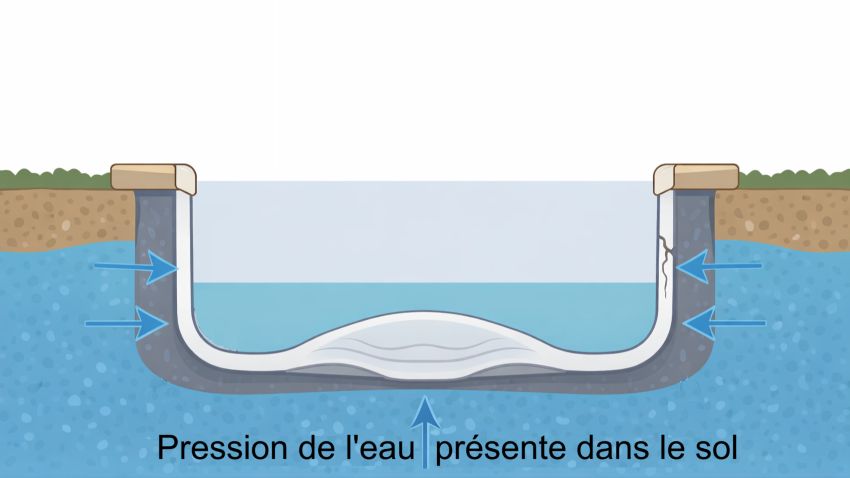 Schéma d'une piscine coque vue de profil montrant un fond bombé et une fissure sous l'effet de la pression de l'eau présente dans le sol